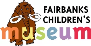 Fairbanks Children's Museum logo with cartoon-style illustrated wooly mammoth. 