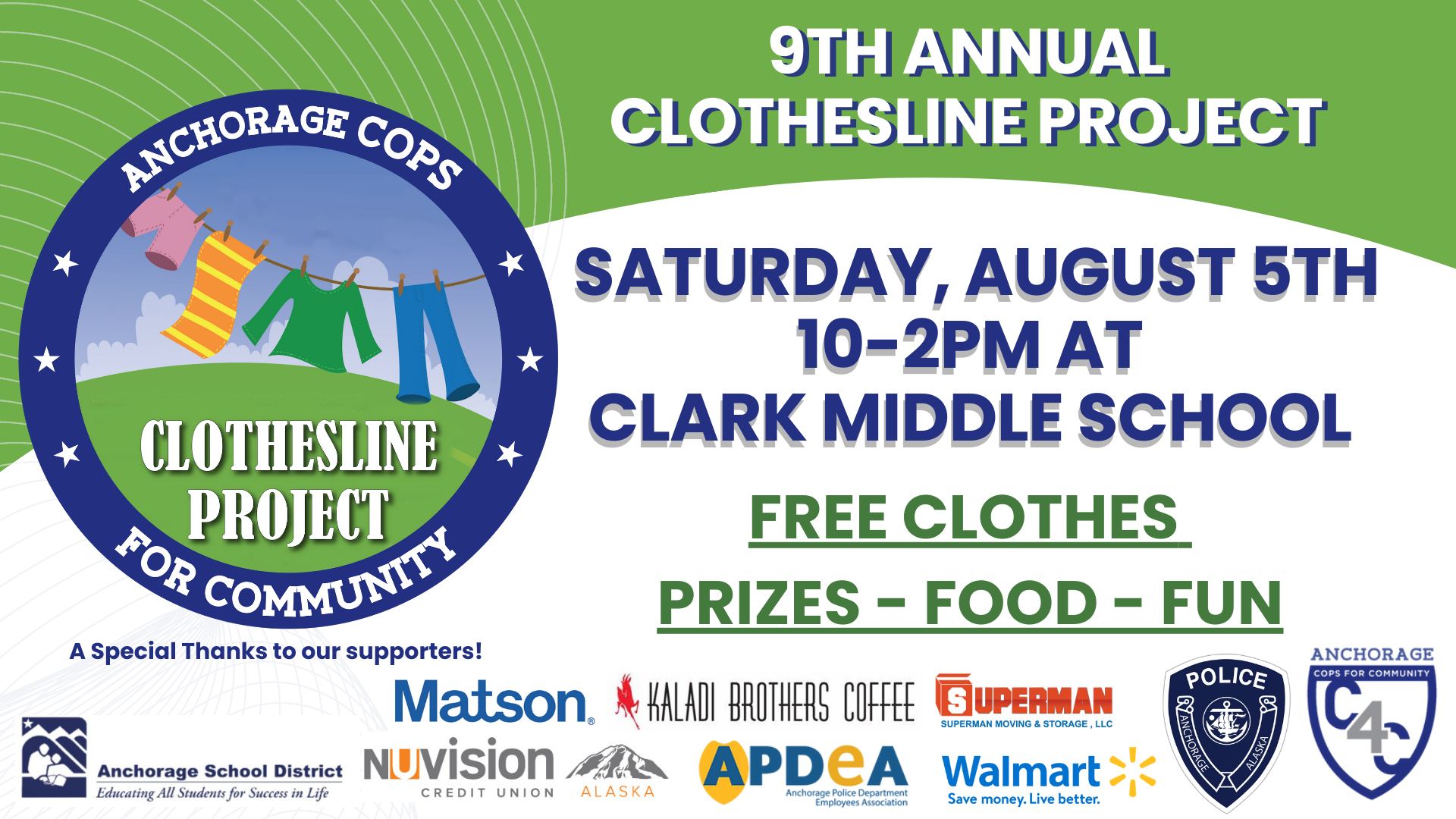 Graphic design with clothesline project and partner logos. Text: 9th Annual Clothesline Project. Saturday, August 5th. 10-2pm at Clark Middle School. Free clothes. Prizes. Food. Fun.